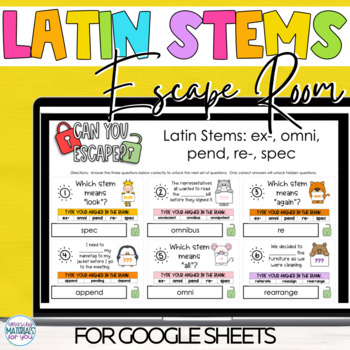 Preview of Word Work Latin Stems 6 Escape Room for Google™ Sheets