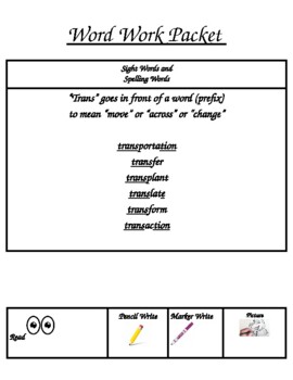 Preview of Word Work - Prefixes (TRANS)
