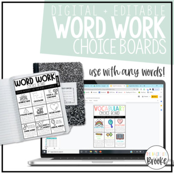 Preview of Editable Word Work + Vocabulary Choice Boards | PRINTABLE + DIGITAL