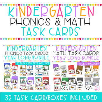 Preview of Kindergarten Phonics & Math Task Cards | Year Long Bundle