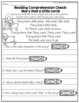 Word Work and Reading Comprehension with Nursery Rhymes: Mary Had a ...