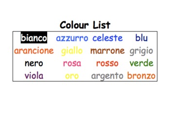 Preview of Word activities - list of colours in Italian