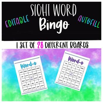 Preview of Word fluency 28 Bingo cards phonics game sight words EDITABLE AUTOFILL spelling