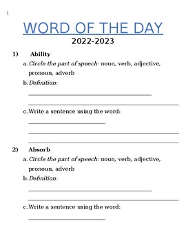 Preview of Word of The Day (180 day school year)