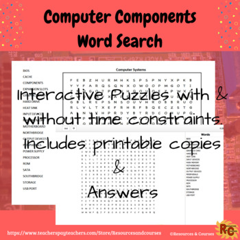 Preview of Computer Components Interactive & Printable Word Search 8th-12th Graders