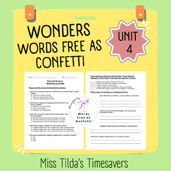 Preview of Words Free as Confetti - Read and Respond Grade 5 Wonders