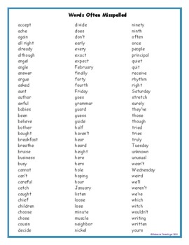 Preview of Words Often Misspelled - One Page List