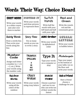 Preview of Words Their Way | Choice Board