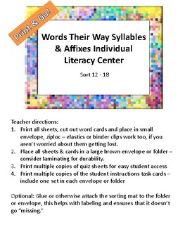 Preview of Words Their Way Literacy Center Syllables & Affixes Sorts 12-18