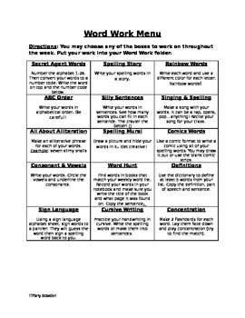 Preview of Words Their Way Spelling Word Work Menu
