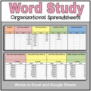 Preview of Word Study Organizational Spreadsheets