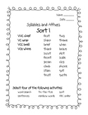 Words Their Way Syllables and Affixes Sorts 1 - 9