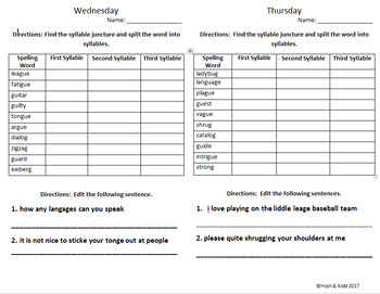 Words Their Way Weekly Homework Sheets-Syllables & Affixes-Unit 6 ...