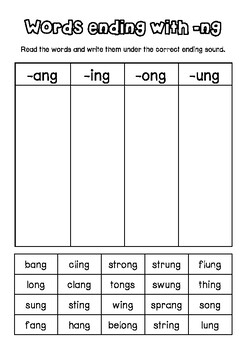 ng words ending worksheet spelling