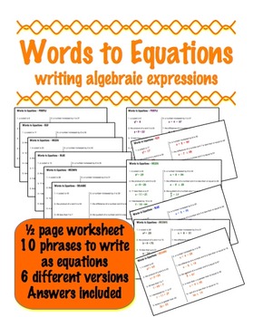 Preview of Words to Equations - Writing Algebraic Expressions for 6 Groups