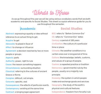 Preview of Words to Know! - Academic and Social Studies Vocabulary