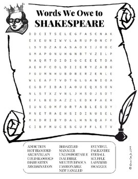 Preview of Words we owe to Shakespeare Word Search Puzzle Worksheet