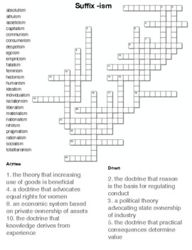 Words with suffix ism Crossword by Northeast Education TPT