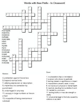 Words with the Prefix in Crossword by Northeast Education TpT