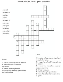 Words with the Prefix pro Crossword by Northeast Education TpT