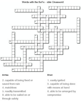 Words with the Suffix able Crossword by Northeast Education TPT