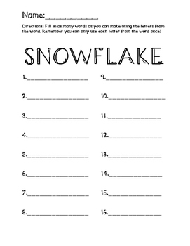 Words You Can Make Using Snowflake By Miss Barber's Firsties 