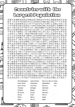 Preview of Wordsearch: Countries with the largest populations