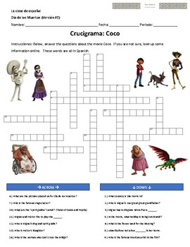 Wordsearch & Crossword - Disney's Coco & Día de los Muertos | TPT