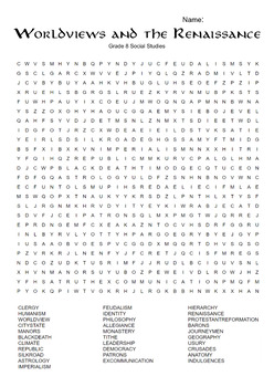Wordsearch - Grade 8 Social Studies - Worldviews and the Renaissance