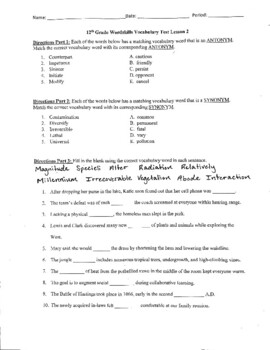 Preview of Wordskills Vocabulary Test and Answer Key, Purple Level, Unit 2