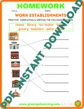Preview of Work Establishments / ESL PDF HOMEWORK / (easy task)