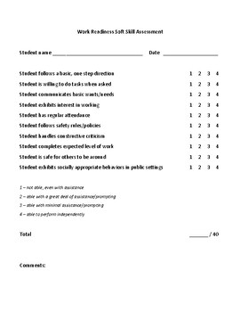 Preview of Work Readiness Soft Skill Assessment - rubric for evaluating student work skills