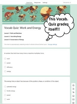 Preview of Work and Energy Vocabulary Quiz - Physical Science - Google Form