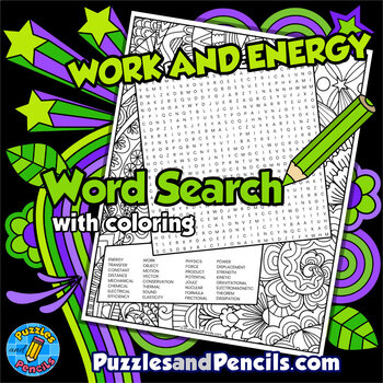 Preview of Work and Energy Word Search Puzzle Activity with Coloring | Physics Wordsearch