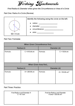 Preview of Working Backwards: Finding radius and diameter from area and circumference