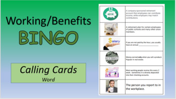 Preview of Working/Benefits Bingo - cards you “pull out of the hat” – Word