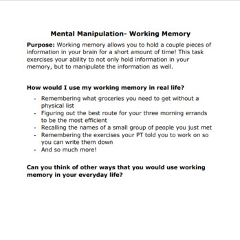 Preview of Working Memory Packet for Cognitive Therapy