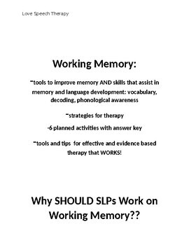 Preview of Working Memory: Vocabulary, Memory, Decoding Activities, Tools and Tips