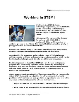 Preview of Working in STEM Career Worksheet!