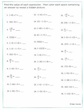Winter math worksheet Working with Integers Snowflake Coloring activity