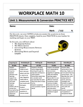 Preview of Workplace Math 10 Unit 1: Measurement & Conversion PRACTICE KEY