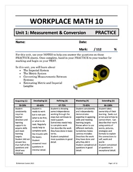 Preview of Workplace Math 10 Unit 1: Measurement & Conversion PRACTICE (d)