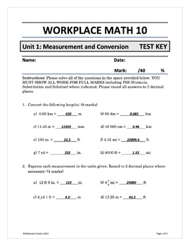 Preview of Workplace Math 10 Unit 1: Measurement & Conversion TEST ANSWER KEY