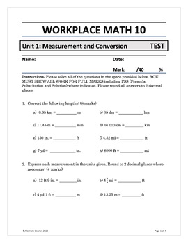 Preview of Workplace Math 10 Unit 1: Measurement & Conversion TEST (d)