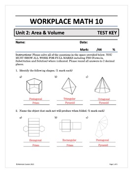 Preview of Workplace Math 10 Unit 2: Area and Volume TEST ANSWER KEY (d)