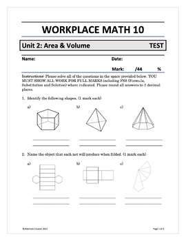 Preview of Workplace Math 10 Unit 2: Area and Volume TEST (d)