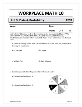 Preview of Workplace Math 10 Unit 3: Data and Probability TEST (d)