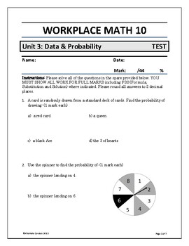 Preview of Workplace Math 10 Unit 3: Data and Probability TEST