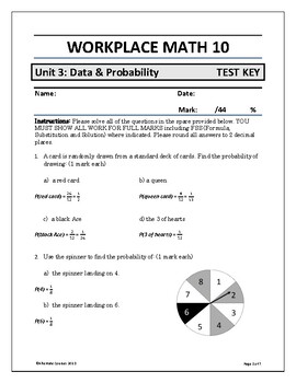 Preview of Workplace Math 10 Unit 3: Data and Probability TEST ANSWER KEY