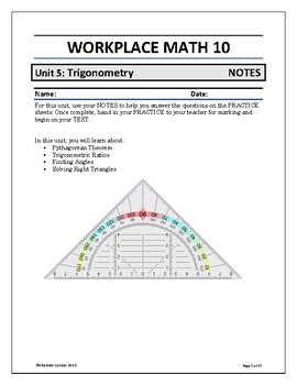 Preview of Workplace Math 10 Unit 5: Trigonometry NOTES